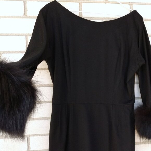 Vintage Black Dress with Fur Cuffs 38.25"B 50s 60s Retro Glamor Wide Neckline - Picture 8 of 16